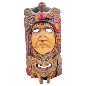 Hand Carve Wood Mayan Mask Wall Hanging Decor Tribal Painted Animal Bird Lizard